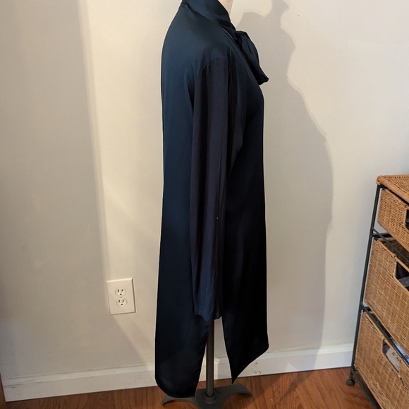 Halston Dress Medium Attached Neck Tie Deep Green Long Sleeve Hi/low - Picture 2 of 7